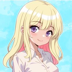 Rule 34 | 1girl, blonde hair, blue background, blush, closed mouth, collared shirt, colored inner hair, commentary request, highres, kagenori, long hair, looking at viewer, multicolored hair, original, pink hair, portrait, purple eyes, shirt, smile, solo, white shirt