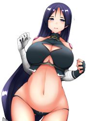 Rule 34 | 1girl, bare shoulders, blush, breasts, cleavage, cleavage cutout, clothing cutout, collarbone, commentary request, cowboy shot, dutch angle, fate (series), flying sweatdrops, forehead, gluteal fold, groin, half-closed eyes, hands up, highres, large breasts, long hair, looking at viewer, midriff, minamoto no raikou (fate), navel, ootori subaru, purple eyes, purple hair, simple background, solo, stomach, straight hair, thigh gap, turtleneck, underboob, underboob cutout, very long hair, w arms, wavy mouth, white background, wide hips