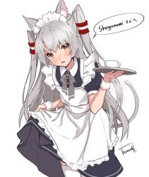 Rule 34 | 1girl, :d, alternate costume, amatsukaze (kancolle), animal ear fluff, animal ears, apron, blush, bow, bowtie, brown eyes, cat ears, clothes lift, commentary request, cowboy shot, cuffs, cup, dress, dress lift, enmaided, grey bow, grey bowtie, hair tubes, holding, holding tray, kantai collection, lifting own clothes, long hair, looking at viewer, maid, maid apron, open mouth, signature, silver hair, simple background, smile, solo, takanashi kei (hitsujikan), teacup, thighhighs, tray, two side up, white background, white thighhighs