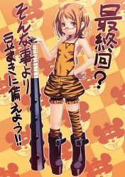 Rule 34 | 10s, 1girl, alternate hairstyle, animal print, bare shoulders, bat (animal), boots, brown eyes, checkered background, club, club (weapon), flat chest, glasses, hand on own hip, hip focus, horns, kanabou, knee boots, looking at viewer, oni, orange eyes, orange hair, precure, red-framed eyewear, shirabe ako, short hair, shorts, solo, spikes, suite precure, tasaka shinnosuke, thighhighs, tiger print, weapon