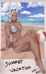 Rule 34 | 1girl, abs, absurdres, animal ears, ball, barefoot, beach, beachball, bikini, boku no hero academia, border, breasts, cleavage, cloud, cloudy sky, collarbone, condenser unit, dark-skinned female, dark skin, english text, feet, full body, heart, highres, knees up, large breasts, legs, long eyelashes, long hair, looking at viewer, mirko, muscular, muscular female, navel, open mouth, condenser unit, parted bangs, polaroid, rabbit ears, rabbit girl, rabbit tail, red eyes, sand, sitting, sky, smile, solo, soolee040995, stomach, swimsuit, tail, teeth, thick thighs, thighs, toes, water, white bikini, white border, white hair