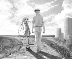 Rule 34 | 10s, 1boy, 1girl, :d, admiral (kancolle), ahoge, akitsushima (kancolle), bag, building, bush, clenched hands, cloud, cloudy sky, day, from behind, grass, greyscale, hair ornament, hat, heart, high heels, holding, holding bag, horizon, kantai collection, long hair, long sleeves, looking at another, looking back, mini hat, monochrome, ocean, open mouth, outdoors, pants, path, pleated skirt, road, scarlet show, shadow, shirt, shopping bag, short sleeves, side ponytail, sidelocks, skirt, sky, skyscraper, smile, thighhighs, uniform, zettai ryouiki