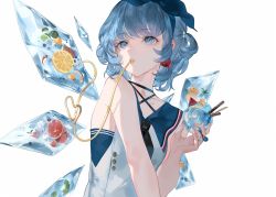 Rule 34 | 1girl, bare shoulders, blue dress, blue eyes, blue hair, cirno, dress, highres, ice, ice wings, looking afar, reeh (yukuri130), short hair, simple background, solo, touhou, two side up, white background, wings