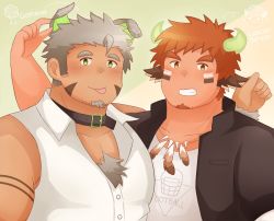 Rule 34 | 2boys, :p, alternate costume, animal collar, animal ears, arm tattoo, bara, bare shoulders, black jacket, blush, body fur, brown eyes, brown hair, casual, chest hair, collar, cow boy, cow ears, cow horns, crossover, dark-skinned male, dark skin, dog boy, dog ears, grabbing another&#039;s ear, facial hair, feather necklace, fiery horns, forked eyebrows, glowing horns, goatee, gomeisa (live a hero), green eyes, hair strand, hand on another&#039;s ear, highres, horns, jacket, live a hero, long sideburns, looking at viewer, male focus, multiple boys, muscular, muscular male, necklace, open clothes, open jacket, pectorals, short hair, sideburns, spiked hair, tattoo, thick eyebrows, tokyo houkago summoners, tongue, tongue out, upper body, vest, wakan tanka, watanukitail, white vest