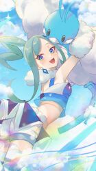 Rule 34 | 1girl, :d, ahoge, altaria, arm warmers, blue eyes, blurry, cloud, commentary request, creatures (company), day, earrings, eyelashes, game freak, gen 3 pokemon, green eyes, green hair, highres, holding, holding pokemon, jewelry, lisia (pokemon), long hair, looking at viewer, nintendo, open mouth, outdoors, overskirt, pokemon, pokemon (creature), pokemon oras, shirt, shorts, shorts under skirt, sky, smile, ssn (sasa8u9r), white shirt