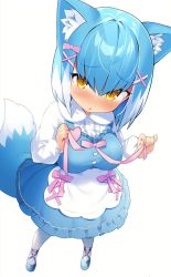 Rule 34 | 1girl, alternate costume, animal ears, asagi (bombergirl), blue dress, blue footwear, blue hair, blush, bombergirl, bow, breasts, brown eyes, dress, fox ears, fox girl, fox tail, hair bow, hair ornament, heart, highres, large breasts, looking at viewer, msp sammy, multicolored hair, parted lips, pink bow, short hair, solo, tail, thighhighs, two-tone hair, white hair, white thighhighs, x hair ornament