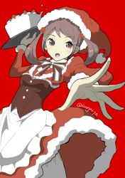 Rule 34 | 10s, 1girl, bad id, bad pixiv id, boushi-ya, brown eyes, brown hair, cake, carrying, christmas, food, hair bobbles, hair ornament, hat, kantai collection, looking at viewer, open mouth, santa costume, santa hat, sazanami (kancolle), solo, twintails