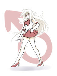 Rule 34 | 1boy, androgynous, bishoujo senshi sailor moon, commentary request, cosplay, crossdressing, high heels, kanikame, long hair, magical boy, male focus, rouge (saga frontier), saga, saga frontier, sailor senshi uniform, solo
