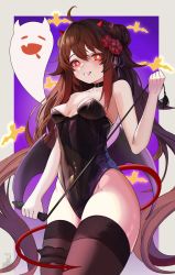 Rule 34 | 1girl, absurdres, bare shoulders, black choker, breasts, brown hair, choker, commentary, demon girl, demon horns, demon tail, demon wings, english commentary, fang, flower-shaped pupils, genshin impact, halloween costume, highres, horns, hu tao (genshin impact), long hair, looking at viewer, medium breasts, red eyes, simple background, smile, solo, symbol-shaped pupils, tail, thighhighs, thighs, twintails, unstableboiler, very long hair, whip, wings