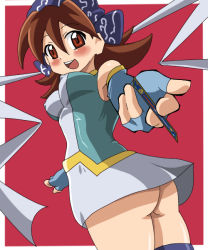Rule 34 | 1girl, ass, bandana, between fingers, blush, breasts, brown hair, card, covered erect nipples, creatures (company), game freak, holding, holding card, mint (pokemon), nintendo, no panties, pokemon, pokemon card, pokemon tcg, pokemon tcg gb, red eyes, skirt, smile, solo, thighhighs