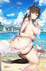 Rule 34 | 2girls, absurdres, aircraft, airplane, alternate costume, alternate eye color, animal ears, ass, atago (azur lane), atago (summer march) (azur lane), azur lane, ball, beach, beach umbrella, beachball, bikini, bikini pull, bikini skirt, black bikini, black hair, black legwear, blue sky, blush, breasts, cityscape, closed mouth, clothes pull, covered erect nipples, day, dog, extra ears, flower, food, gloves, gradient hair, green eyes, hair flower, hair ornament, hair ribbon, heart, highres, kiriko (araragikoyomi), kneeling, large breasts, long hair, looking at viewer, looking back, mole, mole under eye, multicolored hair, multiple girls, ocean, outdoors, panties, partially visible vulva, popsicle, revision, ribbon, sand, see-through, single thighhigh, skindentation, sky, spoken heart, sweatdrop, swept bangs, swimsuit, thigh strap, thighhighs, twisted torso, two-tone hair, umbrella, underwear, untied bikini, waves, wet, white bikini, white ribbon, wrist ribbon