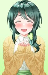 Rule 34 | 1girl, :d, absurdres, blush, closed eyes, clover hair ornament, facing viewer, gradient background, green background, green hair, hair ornament, highres, long hair, long sleeves, open mouth, pontaname, shirt, simple background, smile, solo, sumi suya, upper body, virtual youtuber, white shirt