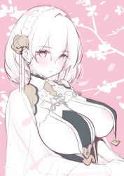 Rule 34 | 1girl, absurdres, areola slip, azur lane, blush, braid, branch, breast curtains, breasts, cherry blossoms, china dress, chinese clothes, closed mouth, covered erect nipples, dress, french braid, hair between eyes, hair ornament, highres, large breasts, looking at viewer, official alternate costume, ogre (illustogre), petals, pink background, revealing clothes, short hair, sirius (azur lane), sirius (azure horizons) (azur lane), sketch, solo, upper body, veil