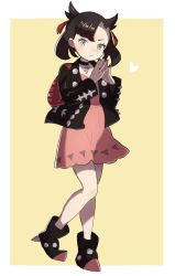 Rule 34 | 1girl, ankle boots, asymmetrical bangs, backpack, bag, black choker, black footwear, black jacket, black nails, blush, boots, choker, commentary request, creatures (company), dress, game freak, green eyes, hair ribbon, highres, jacket, looking at viewer, marnie (pokemon), momo (ruka moku), nail polish, nintendo, open clothes, open jacket, own hands together, pink dress, pokemon, pokemon swsh, red bag, red ribbon, ribbon, solo