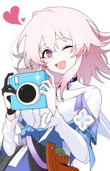 Rule 34 | 1girl, acorn, badge, black choker, black corset, black gloves, blue eyes, blue jacket, bra strap, button badge, camera, choker, corset, flower ornament, gloves, gradient jacket, heart, highres, holding, holding camera, honkai: star rail, honkai (series), jacket, long sleeves, march 7th (honkai: star rail), medium hair, one eye closed, open mouth, partially fingerless gloves, pink eyes, pink hair, pink jacket, pink pupils, shirt, simple background, single glove, smile, solo, teeth, tied jacket, two-tone eyes, txftyhjx3fiqcfl, underbust, upper body, upper teeth only, white background, white shirt