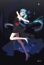 Rule 34 | 1girl, :d, armpits, artist name, black dress, black gloves, blue bow, blue eyes, blue footwear, blue hair, bow, collarbone, dress, elbow gloves, floating hair, flower, gloves, hair bow, hair ornament, hatsune miku, high heels, highres, leg up, long hair, open mouth, outstretched arms, pumps, red flower, short dress, sleeveless, sleeveless dress, smile, solo, standing, standing on one leg, strapless, strapless dress, twintails, very long hair, vocaloid, yuuta (806350354)