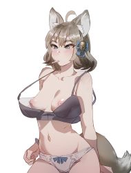 Rule 34 | 1girl, ahoge, animal ears, bell, blue bow, blush, bow, bow (bhp), bow panties, bra, bracelet, breasts, closed mouth, cowboy shot, fox ears, fox tail, grey bra, grey eyes, grey hair, hair bell, hair bow, hair ornament, jewelry, jingle bell, medium breasts, medium hair, mouth hold, navel, nipples, original, oversized breast cup, panties, perky breasts, simple background, solo, tail, underwear, white background, white panties