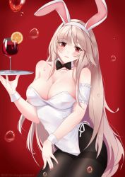 Rule 34 | 1girl, absurdres, alcohol, animal ears, armband, black bow, black bowtie, black pantyhose, blonde hair, bow, bowtie, breasts, cleavage, cowboy shot, cup, detached collar, drinking glass, fake animal ears, food, fruit, gradient background, highres, large breasts, leotard, long hair, orange (fruit), orange slice, original, pantyhose, playboy bunny, rabbit ears, red background, red eyes, solo, stdelpop, strapless, strapless leotard, thighband pantyhose, white leotard, wine, wine glass, wrist cuffs