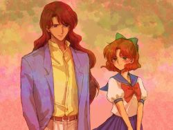 Rule 34 | 1boy, 1girl, age difference, belt, bishoujo senshi sailor moon, blue sailor collar, blush, bow, brown belt, brown hair, closed mouth, collared shirt, commentary request, eye contact, green bow, green eyes, hair bow, jacket, long hair, looking at another, nato (imutan723), nephrite (sailor moon), oosaka naru, open clothes, open jacket, pants, pleated skirt, purple jacket, purple skirt, sailor collar, school uniform, shirt, short hair, short sleeves, skirt, white shirt, yellow shirt