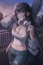 Rule 34 | 1girl, absurdres, arm up, black hair, blue eyes, blush, breasts, building, camisole, cardigan, cityscape, cleavage, cloud, commentary request, cowboy shot, crop top, denim, evening, floating hair, gradient eyes, guitar case, hair ornament, hairclip, hand on own head, hand up, headphones, headphones around neck, highres, holding, instrument case, jeans, jewelry, large breasts, long hair, long sleeves, looking at viewer, mole, mole on breast, multicolored eyes, myowa, navel, necklace, off shoulder, open cardigan, open clothes, original, outdoors, pants, parted lips, railing, shirt, sidelocks, single bare shoulder, sky, sleeveless, sleeveless shirt, solo, spaghetti strap, standing, stomach, taut clothes, tight clothes, torn clothes, torn jeans, torn pants, water, white camisole, white shirt