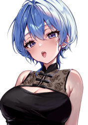 Rule 34 | 1girl, absurdres, bare arms, blue eyes, blue hair, blush, breasts, chinese clothes, cleavage, cleavage cutout, clothing cutout, earrings, hair between eyes, highres, hololive, hoshimachi suisei, jewelry, looking at viewer, medium breasts, open mouth, short hair, simple background, solo, sweatdrop, teeth, tongue, tongue out, upper body, upper teeth only, virtual youtuber, white background, ya ta