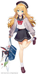 Rule 34 | 1girl, ainy, bag, beret, black hat, black sailor collar, black skirt, blonde hair, brown footwear, cardigan, character request, closed mouth, commentary request, full body, green eyes, grey cardigan, hat, highres, holding, holding bag, long hair, looking at viewer, mahjong hime, pout, sailor collar, school uniform, serafuku, shoes, simple background, skirt, socks, solo, standing, standing on one leg, white background