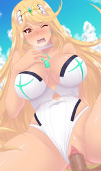 Rule 34 | 1boy, 1girl, bare shoulders, blonde hair, blush, breasts, brown eyes, censored, choker, cleavage, clothing aside, cloud, collarbone, covered navel, earrings, gem, hair ornament, hetero, highres, huge breasts, jewelry, kihaiu, large breasts, long hair, mythra (radiant beach) (xenoblade), mythra (xenoblade), nintendo, nose blush, one-piece swimsuit, one eye closed, open mouth, penis, pussy, sex, sky, spread legs, strapless, strapless one-piece swimsuit, swept bangs, swimsuit, swimsuit aside, teeth, tiara, tongue, upper teeth only, vaginal, very long hair, xenoblade chronicles (series), xenoblade chronicles 2