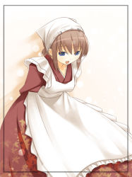 Rule 34 | 1girl, :d, apron, arms behind back, blue eyes, brown hair, dress, head scarf, japanese clothes, jirou (chekoro), leaning forward, maid, maid apron, open mouth, smile, solo, wa maid