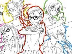 Rule 34 | 5girls, bad id, bad pixiv id, braid, esaka, formal, freckles, glasses, hair ornament, hairclip, long hair, monochrome, multiple girls, necktie, open mouth, sentai, short hair, skirt, suit, sweat, sweater vest, twintails, vest