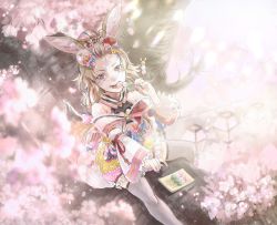 Rule 34 | 1girl, animal ears, bare shoulders, blonde hair, cherry blossoms, dango, eating, flower, food, forehead, fox ears, fox girl, fox tail, hair ornament, hand up, highres, hololive, looking at viewer, makeup, multicolored hair, omaru polka, omaru polka (new year), outdoors, petals, sitting, solo, streaked hair, sushida0k, tail, thighhighs, virtual youtuber, wagashi, white thighhighs