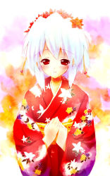 Rule 34 | 1girl, blush, flat chest, flower, japanese clothes, kimono, kotonomiya yuki, obi, red eyes, saeki touma, sash, smile, solo, suigetsu, white hair