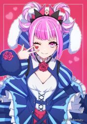 Rule 34 | 1girl, blue dress, blunt bangs, clothing cutout, dfhnokenbutu, dress, facial mark, fire emblem, fire emblem engage, flower, frilled dress, frills, fur trim, hair ornament, hair rings, heart, heart facial mark, highres, hortensia (fire emblem), juliet sleeves, long sleeves, multicolored hair, nintendo, one eye closed, pink eyes, pink hair, puffy sleeves, rose, smile, solo, striped clothes, striped dress, two-tone hair, vertical-striped clothes, vertical-striped dress