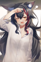 Rule 34 | 1girl, animal ear fluff, animal ears, arm up, black hair, blush, breasts, commentary request, fang, hair between eyes, highres, hololive, long hair, long sleeves, looking at viewer, multicolored hair, one eye closed, ookami mio, open mouth, red hair, shirai yu, shirt, sidelocks, small breasts, solo, streaked hair, virtual youtuber, white shirt, wolf ears, wolf girl, yellow eyes