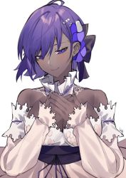 Rule 34 | 1girl, bare shoulders, black bow, bow, breasts, cleavage, closed mouth, collar, covering own mouth, dark-skinned female, dark skin, detached collar, detached sleeves, dress, fate/grand order, fate/prototype, fate/prototype: fragments of blue and silver, fate (series), frilled collar, frills, hair between eyes, hair bow, hair ornament, hairclip, hassan of serenity (fate), highres, j.moon, purple eyes, purple hair, purple ribbon, ribbon, short hair, simple background, smile, solo, white background, white collar, white dress