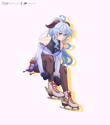 Rule 34 | 1girl, adjusting footwear, ankle boots, ariettys art, bare shoulders, black gloves, blue hair, boots, breasts, closed mouth, detached sleeves, ganyu (genshin impact), genshin impact, gloves, goat horns, highres, horns, ice skates, light blue hair, long hair, looking at viewer, low ponytail, medium breasts, pantyhose, purple eyes, skates, smile, solo, white footwear