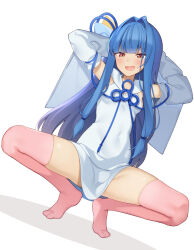 Rule 34 | 1girl, :d, absurdres, arms behind head, arms up, blue dress, blue hair, blue sleeves, blush, brown eyes, detached sleeves, dress, dutch angle, full body, gradient hair, hair intakes, highres, kotonoha aoi, long sleeves, multicolored hair, no shoes, open mouth, partner (kprtnr), pink thighhighs, puffy long sleeves, puffy sleeves, purple hair, shadow, simple background, sleeveless, sleeveless dress, smile, solo, spread legs, squatting, sweat, thighhighs, tiptoes, voiceroid, white background