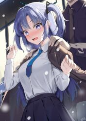 Rule 34 | 1boy, 1girl, absurdres, blue archive, blue eyes, blush, breasts, halo, highres, jacket, long hair, long sleeves, mechanical halo, medium breasts, necktie, open mouth, pleated skirt, purple hair, school uniform, sensei (blue archive), shirt, skirt, uniform, veca, wavy mouth, white shirt, winter, yuuka (blue archive)
