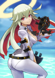 Rule 34 | 1girl, ankh, ass, belt, belt buckle, bodysuit, breasts, buckle, cleavage, spiked halo, guilty gear, guilty gear xrd, halo, highres, jack-o&#039; valentine, long hair, looking at viewer, mask, multicolored hair, red eyes, red hair, removing mask, sunao (70 the), white bodysuit, white hair