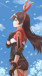 Rule 34 | 1girl, absurdres, amber (genshin impact), bag, belt, cloud, cloudy sky, dandelion, day, flower, from side, genshin impact, gloves, hair ribbon, hand on own chest, highres, long hair, long sleeves, red ribbon, ribbon, shixiaoshudian, shorts, sky, solo, thighs, yellow eyes