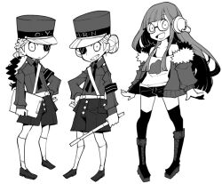 Rule 34 | 3girls, boots, braid, braided ponytail, caroline (persona 5), dowman sayman, eyepatch, frown, glasses, grin, hair bun, headphones, justine (persona 5), long hair, multiple girls, persona, persona 5, sakura futaba, shorts, smile, thighhighs