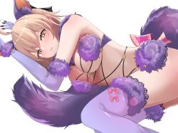 Rule 34 | 1girl, ahoge, animal ears, bare shoulders, black bow, blonde hair, bow, breasts, cleavage, cosplay, elbow gloves, fate/grand order, fate (series), fur-trimmed gloves, fur-trimmed legwear, fur collar, fur trim, gloves, hair bow, half updo, highres, koha-ace, lace, lace-trimmed legwear, lace trim, large breasts, looking at viewer, lying, mash kyrielight, mash kyrielight (dangerous beast), mash kyrielight (dangerous beast) (cosplay), nigori (keydoor), okita souji (fate), okita souji (koha-ace), on back, on side, purple gloves, purple thighhighs, revealing clothes, short hair, solo, tail, thighhighs, wolf ears, wolf tail, yellow eyes