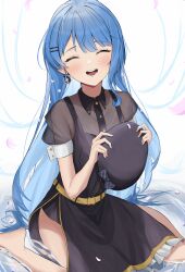Rule 34 | 1girl, absurdres, beret, black dress, black hat, blue hair, blush, braid, breasts, cleavage, collared dress, commentary, dress, earrings, english commentary, hair between eyes, hair ornament, hat, highres, hoangryu, hololive, hoshimachi suisei, hoshimachi suisei (maid), jewelry, long hair, looking at viewer, official alternate costume, open mouth, see-through, see-through cleavage, see-through sleeves, short sleeves, smile, solo, star (symbol), teeth, upper teeth only, virtual youtuber