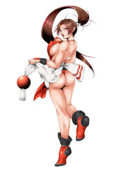 Rule 34 | 1girl, ass, breasts, brown hair, fatal fury, highres, large breasts, long hair, looking at viewer, looking back, open mouth, perky breasts, ponytail, retorou, shiranui mai, simple background, solo, tagme, tongue, white background