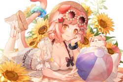 Rule 34 | 1girl, absurdres, animal ears, arknights, arm support, ball, beachball, black bow, bow, breasts, cat ears, cat girl, cat tail, cleavage, closed mouth, commentary request, eyewear on head, floppy ears, flower, flower-shaped eyewear, food-themed hair ornament, full body, goldenglow (arknights), goldenglow (summer flowers) (arknights), hair ornament, hairclip, hand on own cheek, hand on own face, hat, highres, kotatsu kaya, looking at viewer, lying, medium breasts, medium hair, official alternate costume, on stomach, orange eyes, pink cat, pink hair, sandals, scottish fold, shirt, short sleeves, skirt, smile, solo, sunflower, tail, watermelon hair ornament, white shirt, white skirt