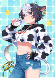 Rule 34 | 1girl, animal ears, bird, black choker, black eyes, black hair, blush, bottle, breasts, buttons, choker, commentary request, cow ears, cow girl, cow tail, crop top, denim, drinking, duck, ear tag, fake animal ears, highres, hood, hood down, jeans, jewelry, large breasts, long sleeves, looking at viewer, morikura en, navel, original, pants, ribbon, ring, short hair, stomach, tail, white hair, yellow ribbon