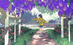 Rule 34 | 1girl, blue hair, dappled sunlight, dark blue hair, flat color, flower, full body, grass, hair over one eye, hood, hoodie, looking at viewer, ooto ai, outdoors, outstretched arms, path, plant, purple flower, road, short hair, shorts, solo, sunlight, taracod, triangle hair ornament, wisteria, wonder egg priority, yellow hoodie