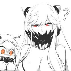 Rule 34 | 10s, 2girls, ?, ^^^, abyssal ship, angry, breast envy, breasts, cleavage, covered mouth, horns, huge breasts, kantai collection, large breasts, long hair, midway princess, mittens, multiple girls, northern ocean princess, red eyes, rexlent, simple background, white background, white hair