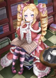 Rule 34 | 1girl, absurdres, beatrice (re:zero), blonde hair, blush, book, book on lap, book stack, bookshelf, bow, butterfly-shaped pupils, capelet, checkered floor, commentary, crown, cup, dress, drill hair, frilled dress, frills, fur trim, hair bow, highres, holding, holding cup, kuma piv, long sleeves, looking at viewer, neck ribbon, open book, pantyhose, parted bangs, pink bow, pink footwear, pink pantyhose, purple pantyhose, re:zero kara hajimeru isekai seikatsu, red dress, ribbon, sidelocks, sitting, solo, striped clothes, striped pantyhose, symbol-shaped pupils, table, tea, teapot, twin drills, wide sleeves
