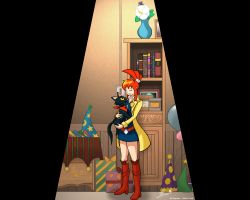 Rule 34 | 1girl, badge, balloon, bookshelf, boots, cat, cat (ghost trick), flower, ghost trick, good end, highres, jacket, legrais hadrien, lynne (ghost trick), painting (object), party popper, red hair, scarf, signature, sissel (ghost trick), spoilers, spotlight, standing, vase