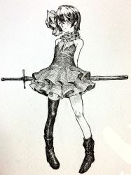Rule 34 | 1girl, arms behind back, asymmetrical legwear, blush, boots, bow, closed mouth, earrings, full body, greyscale, hair bow, highres, jewelry, looking at viewer, mashimashi, monochrome, original, short hair, sleeveless, smile, socks, solo, standing, sword, thighhighs, traditional media, uneven legwear, weapon